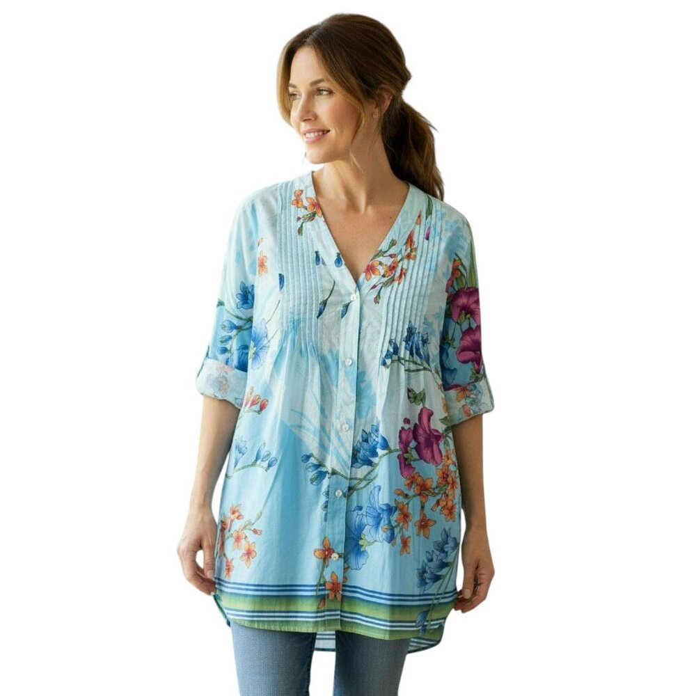 Soft Surroundings L’atalante Tunic PM Blue Tropical Floral Cotton Top Summer